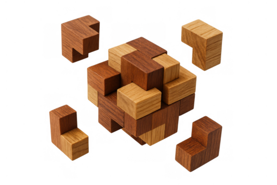 Wooden burr puzzle partially assembled, showing problem-solving, construction, logic, and challenge on transparent background