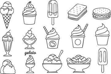 Ice Cream Collection Black and White Line Art Desserts
