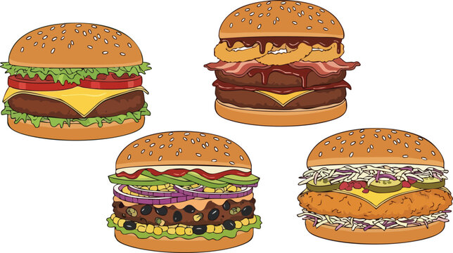 A Variety of Delicious Burgers Illustration with Different Toppings and Unique Combinations