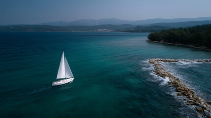 Drone begins just above the water edge at the marina&acirc;s entrance, capturing waves lapping against docks and a narrow channel between breakwaters. It slowly ascends and tilts out to