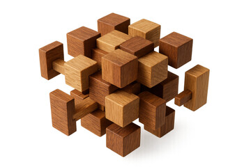 Wooden burr puzzle presenting abstract solution, complex challenge, and problem-solving concept, transparent background