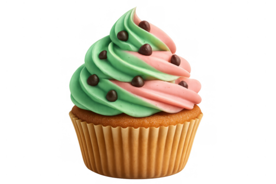 Cupcake with pink and green frosting and chocolate chips, sweet tempting baked dessert for parties and celebrations