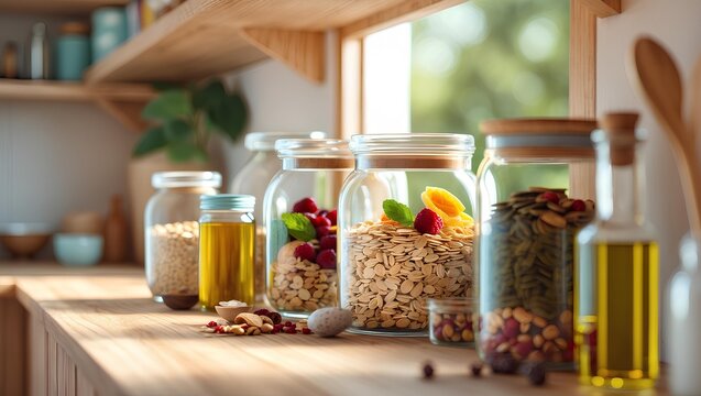 Healthy Lifestyle open kitchen shelving styled with nutritious food essentials and natural pantry goods that promote balanced daily routines in a calm, organized interior focused on well-being