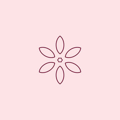 Minimalist geometric flower icon with six petals in line art style, simple floral design on pastel background for modern decor, pattern, and logo inspiration.