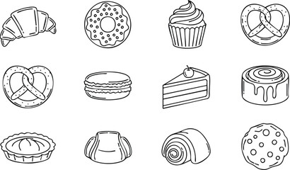 Bakery Treats Line Art Croissant, Donut, Cupcake, Pretzel, Macaron & More