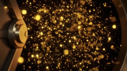 Close-up shot of a gold safe filled with gold coins and glittering particles on a dark background with warm, luxurious tones.