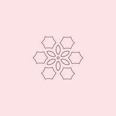 Minimalist geometric floral mandala design with petal and hexagon shapes in line art style, elegant decorative pattern on pastel background for modern art and logo design.