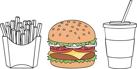 Illustration of a Burger, Fries, and Drink Outlined in Black
