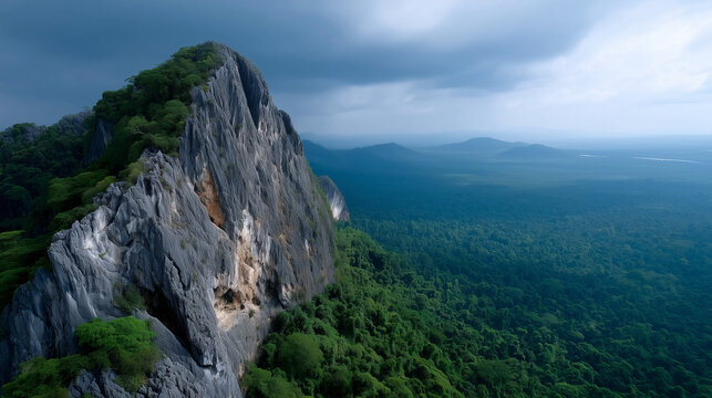 A breathtaking aerial view of a tall limestone cliff with natural caves, surrounded by a dense tropical forest. The rock formation rises dramatically from the lush green landscape,