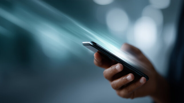 Macro shot of a personâs hand holding a smartphone glowing with 5G network visualization. Light beams and transparent data lines emerge from the screen, symbolizing ultra-fast wire