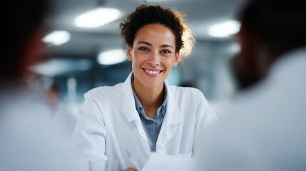 A realistic laboratory scene showing a female scientist presenting experimental notes to her colleagues during a team meeting. The group, dressed in white lab coats, sits around a