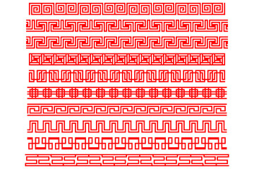 Chinese Red Seamless Border Pattern Collection – Asian Decorative Frame Ornament Set, Traditional Geometric Design, Vector EPS File