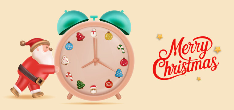 Santa Claus illustration pushing big alarm clock showing countdown to Merry Christmas celebration time. Christmas Poster Design Vector Illustration 
