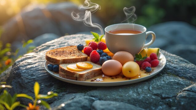 Healthy Lifestyle outdoor rock surface featuring a wholesome breakfast setup with fresh ingredients, gentle sunlight, and serene details that encourage balanced routines