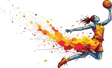 Colorful geometric basketball player leaping for a dunk, energetic splash trails in red orange yellow, dynamic sports illustration, stylized polygonal vector art.