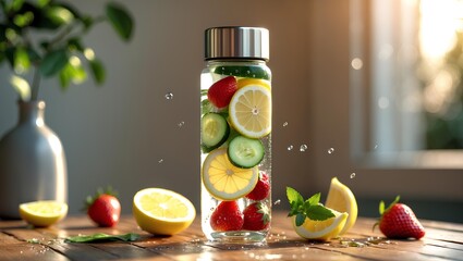 Trendy drinking container for infused water promoting a healthy lifestyle with modern hydration aesthetics that inspire daily wellness