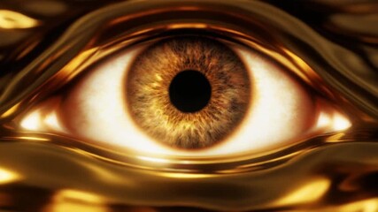 Close-up of a human eye with golden hues and a reflective surface, conveying a sense of intensity and mystery. - Powered by Adobe