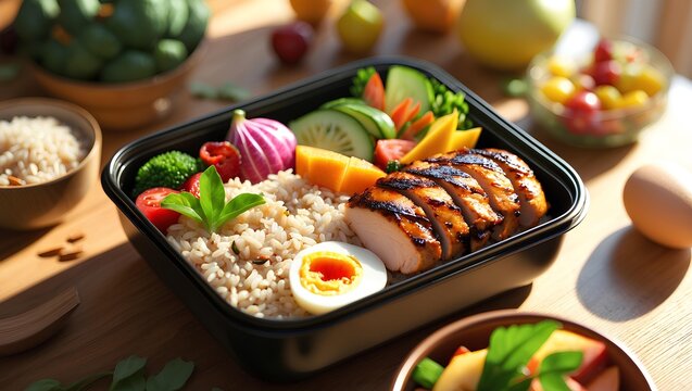 Healthy Lifestyle healthy lunch bento box arranged with colorful produce, balanced portions, and natural textures that inspire mindful eating habits and calm daily routines - Powered by Adobe