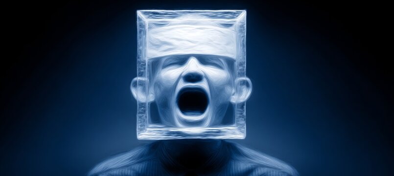 a distorted figure with an open mouth, illuminated by a glowing cube