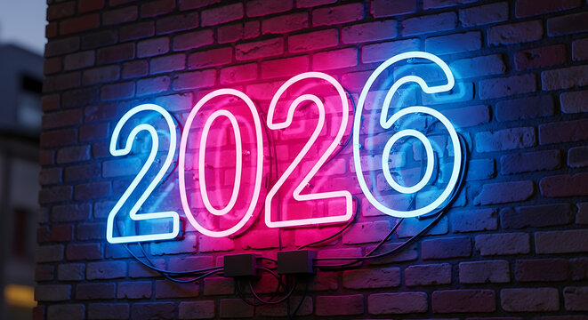 Vibrant neon sign displaying the year 2026 in contrasting pink and blue lights against a dark brick wall.