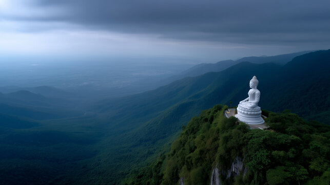 Aerial cinematic shot of a large white Buddha statue and ornate Thai temple complex perched on a mountain slope. The temple overlooks vast green valleys under a cloudy blue sky, wi
