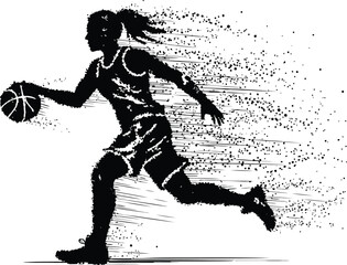 Female basketball dribble silhouette with particle and speed-line trails, dynamic running action, black-and-white sports vector illustration.