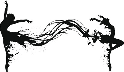 Fluid dance silhouettes, abstract ink splash dancers connected by flowing ribbons, expressive movement, contemporary art vector, black and white composition.