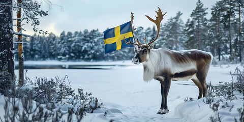 Majestic reindeer with Swedish flag stands proudly in a serene, snow-covered winter landscape.
