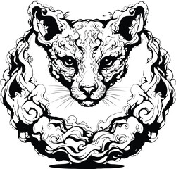 Ornate big cat head inside swirling smoke wreath, stylized feline face line art, intricate black-and-white emblem, tattoo-style vector illustration.
