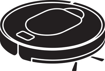 Black silhouette of a robotic vacuum cleaner isolated on white background
