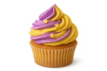 Cupcake with swirling purple and yellow frosting decorated with star sprinkles. Delicious baked dessert on transparent background