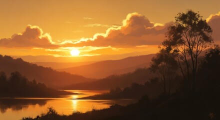 Golden Sunset Over Mountain Lake Landscape