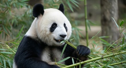 Obraz premium Giant Panda Eating Fresh Bamboo