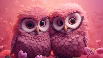 Two pastel pink owls cuddling in a dreamy romantic moment, soft cinematic light and emotional connection. Perfect for Valentine’s Day branding, love stories, tender ads and social media clips.