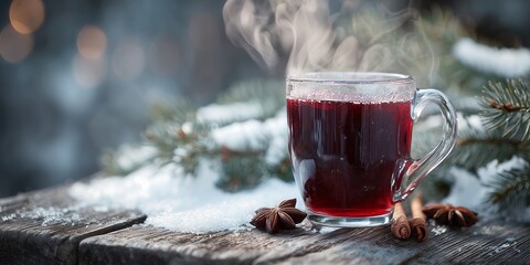 Steaming mulled wine glass with pine cones snowy branches on rustic wood bokeh. Cozy winter warmer, aromatic festive indulgence vibe.
