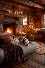 Naklejka premium Cozy rustic living room with burning fireplace, soft sofa and sleeping dog on wooden floor. Peaceful winter evening in warm, quiet holiday home.