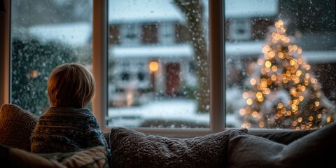 A child wrapped in a cozy blanket sits on a sofa, gazing out a window at falling snow and a glowing Christmas tree. Reflective moment of warmth, solitude, and holiday atmosphere.