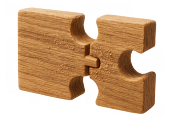 Two interlocking wooden puzzle pieces connecting, symbolizing connection, teamwork, solution, and integration on transparent background