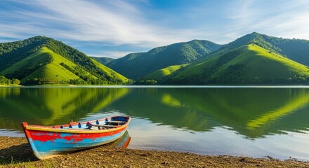 Colorful Old Rowboat on a Serene Lake Shore with Green Hills