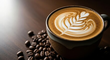 Close-up of Latte Art Coffee with Roasted Beans on Wood