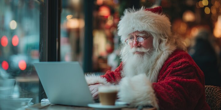 Santa Claus working on a laptop in a cozy cafe. Urban winter backdrop, soft bokeh, coffee cup nearby, festive business concept.