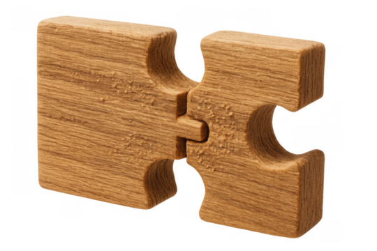 Two interlocking wooden puzzle pieces connecting, symbolizing connection, teamwork, solution, and integration on transparent background