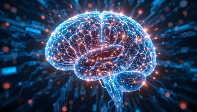 Digital brain with glowing neural connections representing artificial intelligence - Powered by Adobe