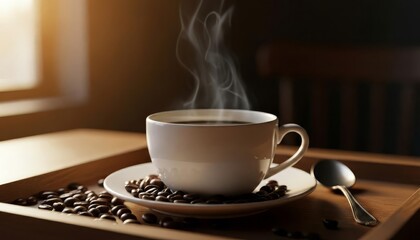 Steaming Hot Coffee with Beans on Wooden Tray