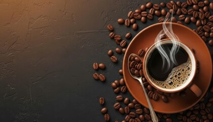 Steaming Hot Coffee Cup with Roasted Beans and Copy Space