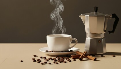Steaming Coffee Cup, Moka Pot, and Cinnamon Sticks