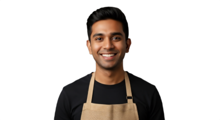 Smiling South Asian man, 20s, a professional coffee roaster in a burlap apron, natural studio portrait. Ideal for cafe branding, hospitality marketing, small business promotions,