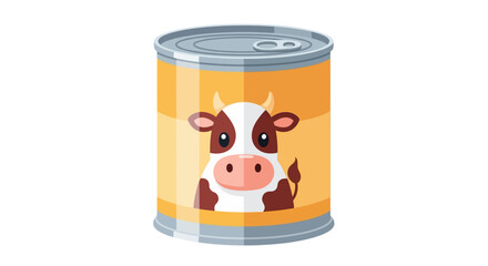 Cute Cow on Canned Milk or Food Product Label - Flat Vector Illustration