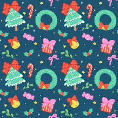 Festive Christmas motif pattern seamless repeat on deep blue background winter wallpaper