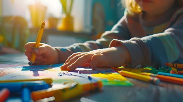 Child using colorful crayons for creative drawing symbolizing emotional expression and therapeutic development in early education environment. Art therapy concept